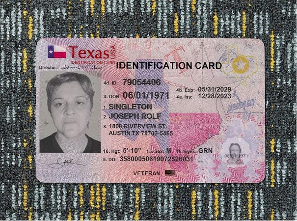 Generation 2 of a synthetic Texas ID test document, same identity data with a substituted photo