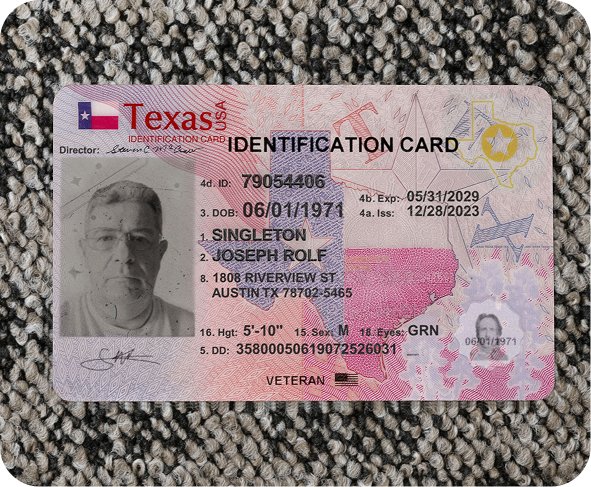 Generation 3 of a synthetic Texas ID test document, same identity data with a substituted photo