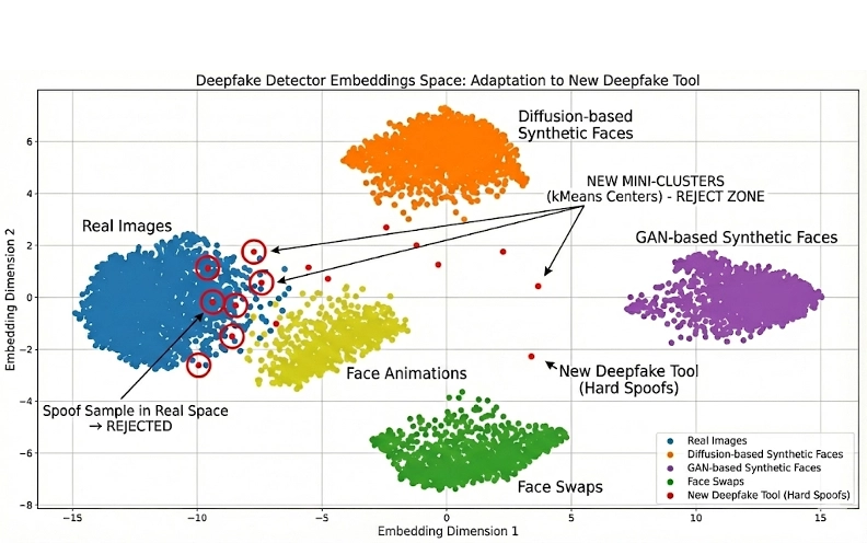 Detector embedding space UMAP showing synthetic vs real face clusters